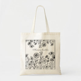 Zwarte witte bloemtuin, grafische lijn, aangepast tote bag