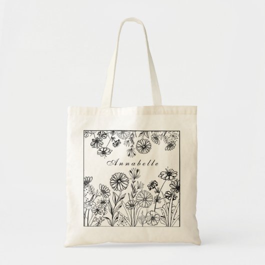 Zwarte witte bloemtuin, grafische lijn, aangepast tote bag (Voorkant)