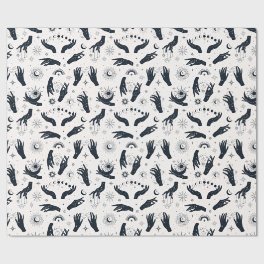 Zwarte witte Boho Moon mystieke hand Cadeaupapier (Vlak)