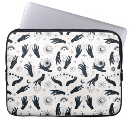 Zwarte witte Boho Moon mystieke hand Laptop Sleeve