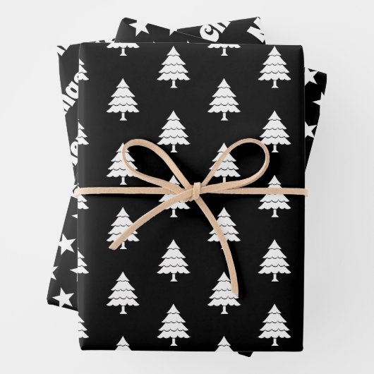 Zwarte witte bomen, sterren Zware kerstvakantie Inpakpapier Vel (In situ)