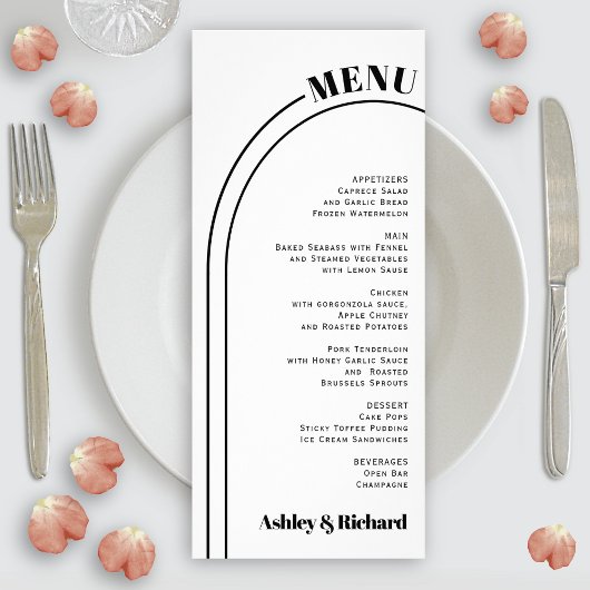 Zwarte, witte boog en typografie bruiloft menukaar reclamekaart