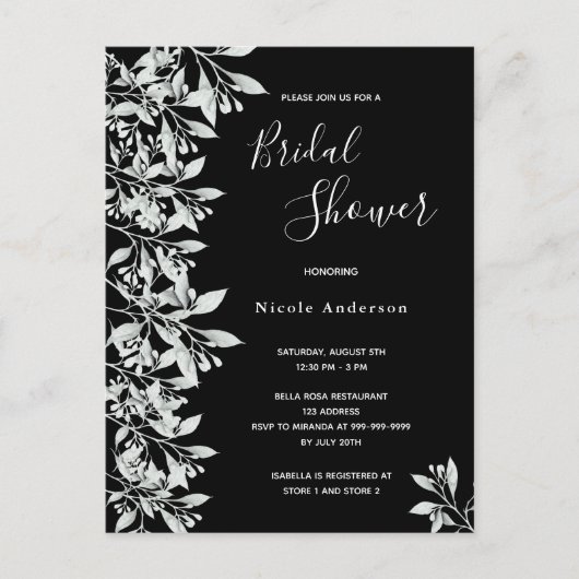 Zwarte witte botanische bridal Shower-uitnodiging Briefkaart (Voorkant)