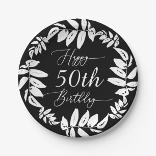 Zwarte & Witte botanische Happy 50th Birthday Part Papieren Bordje