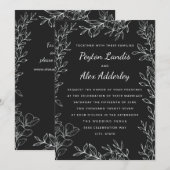 Zwarte Witte Botanische Lijn Kunst Huwelijksuitnod Kaart (Voorkant / Achterkant)
