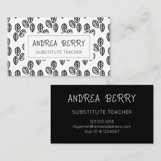 Zwarte witte botanische substituut leraar visitekaartje (Voorkant / Achterkant)