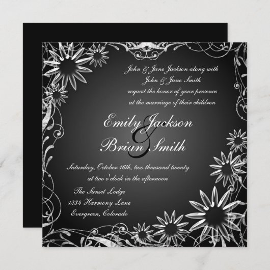 Zwarte witte bruine bruine bruinbloem trouwuitnodi kaart (Voorkant / Achterkant)