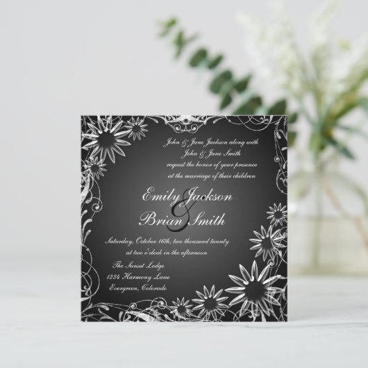 Zwarte witte bruine bruine bruinbloem trouwuitnodi kaart (Staand voorkant)