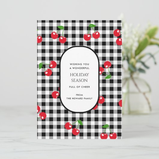 Zwarte witte Buffalo Plaid Kaart met Cherry Fruits (Staand voorkant)
