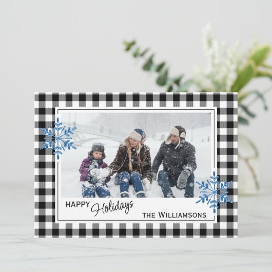 Zwarte witte buffelboorgaansteker en neusvlokken feestdagenkaart (Staand voorkant)