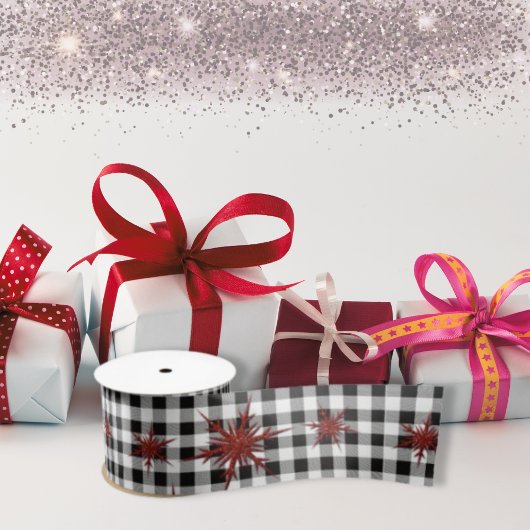 Zwarte witte buffels met rode glitter Snowflakes Satijnen Lint