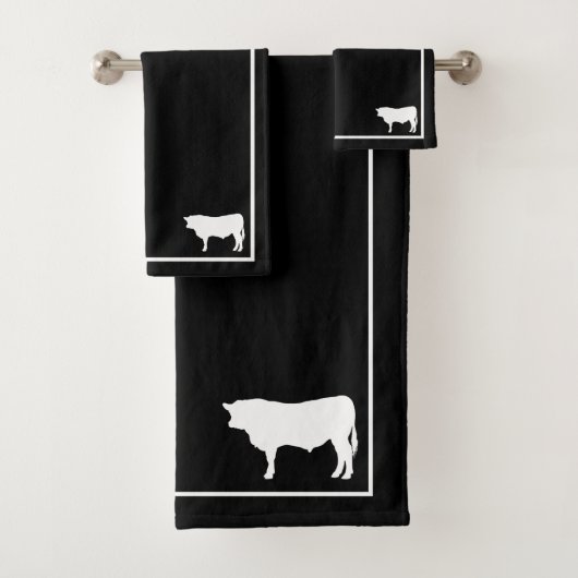 Zwarte & Witte Bull Silhouette Modern Farmhouse Bad Handdoek (Insitu)