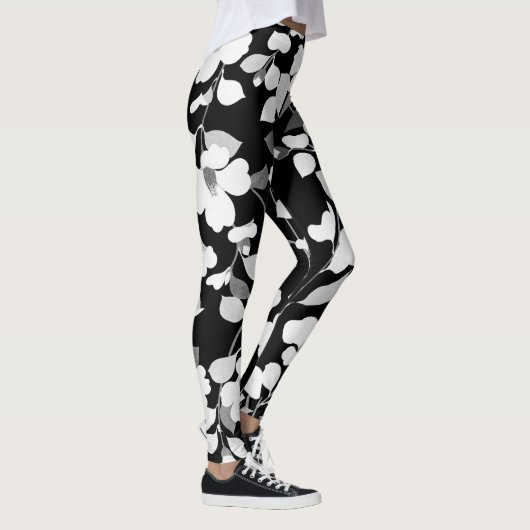 ZWARTE WITTE CAMELIA'S EN BLADEREN Japanse Bloemen Leggings (Rechts)