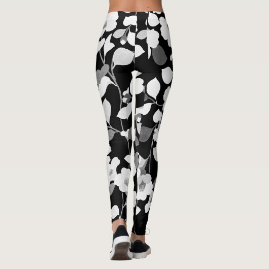 ZWARTE WITTE CAMELIA'S EN BLADEREN Japanse Bloemen Leggings (Achterkant)
