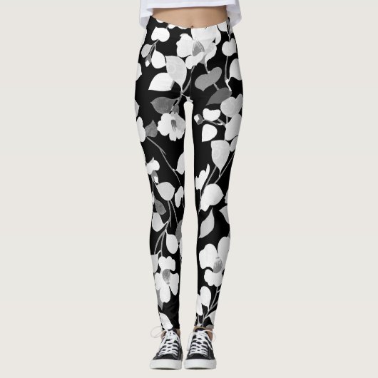 ZWARTE WITTE CAMELIA'S EN BLADEREN Japanse Bloemen Leggings (Voorkant)