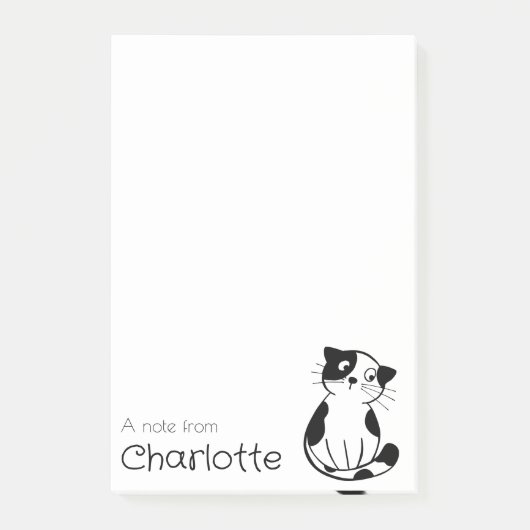 Zwarte witte cartoon kat naam post-it® notes (Voorkant)