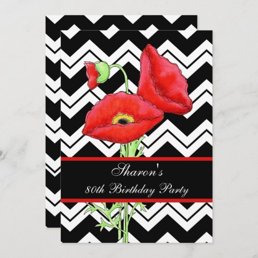 Zwarte witte Chevron ZizZag Red Poppy 80e verjaard Kaart (Voorkant / Achterkant)