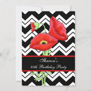 Zwarte witte Chevron ZizZag Red Poppy 80e verjaard Kaart
