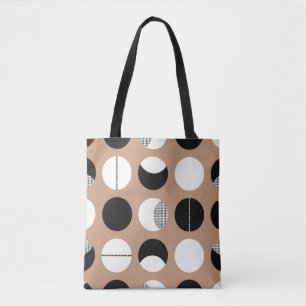 Zwarte, witte cirkels, bruine achtergrond. tote bag