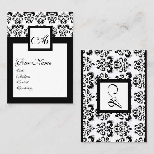 ZWARTE WITTE CLASSIC DAMASKSQUARE MONOGRAM VISITEKAARTJE (Voorkant / Achterkant)