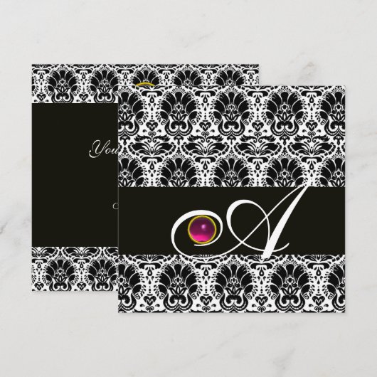 ZWARTE WITTE DAMASK MONOGRAM Pink Fuchsia Amethyst Kaart (Voorkant / Achterkant)