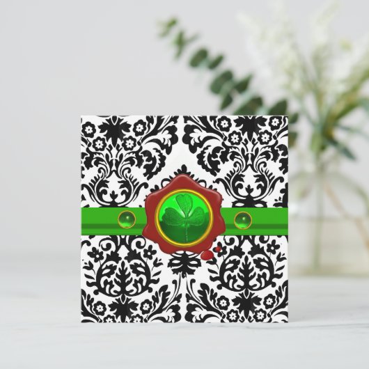 ZWARTE WITTE DAMASK, SHAMROCK, RED WAX SEAL MONOGR KAART (Staand voorkant)