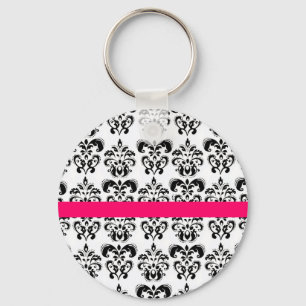 ZWARTE WITTE DAMASKFLORAAL PINK FUCHSIA STRIPE SLEUTELHANGER