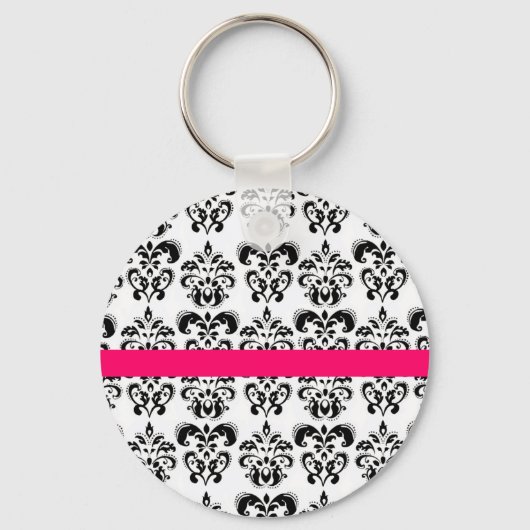 ZWARTE WITTE DAMASKFLORAAL PINK FUCHSIA STRIPE SLEUTELHANGER (Voorkant)