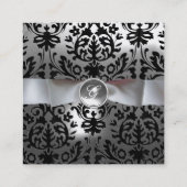 ZWARTE WITTE DAMASKRIBBON, GRAY GEMSTONE MONOGRAM VIERKANTE VISITEKAARTJE (Achterkant)