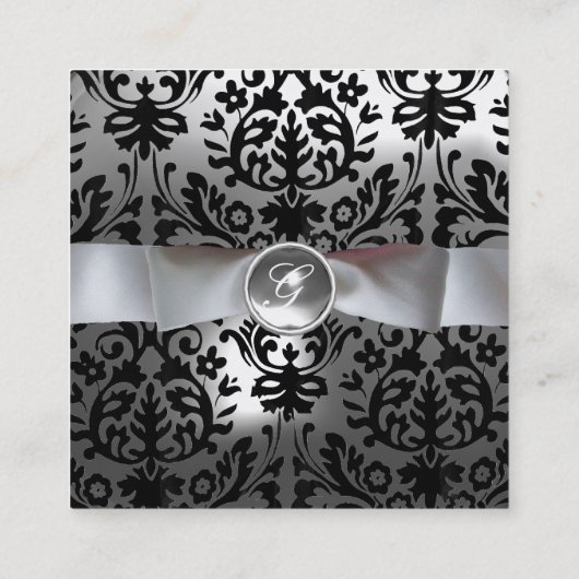 ZWARTE WITTE DAMASKRIBBON, GRAY GEMSTONE MONOGRAM VIERKANTE VISITEKAARTJE (Achterkant)