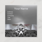 ZWARTE WITTE DAMASKRIBBON, GRAY GEMSTONE MONOGRAM VIERKANTE VISITEKAARTJE (Voorkant)