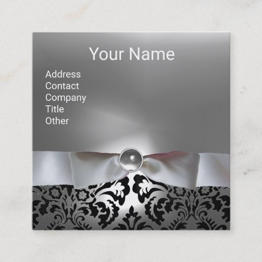 ZWARTE WITTE DAMASKRIBBON, GRAY GEMSTONE MONOGRAM VIERKANTE VISITEKAARTJE (Voorkant)