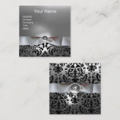 ZWARTE WITTE DAMASKRIBBON, GRAY GEMSTONE MONOGRAM VIERKANTE VISITEKAARTJE (Voorkant / Achterkant)