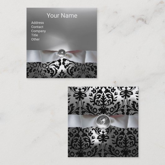 ZWARTE WITTE DAMASKRIBBON, GRAY GEMSTONE MONOGRAM VIERKANTE VISITEKAARTJE (Voorkant / Achterkant)