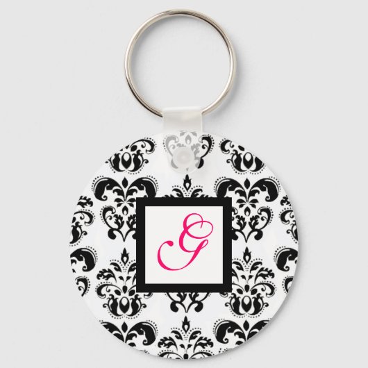 ZWARTE WITTE DAMASKSQUARE PINK FUCHSIA MONOGRAM SLEUTELHANGER (Voorkant)