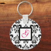 ZWARTE WITTE DAMASKSQUARE PINK FUCHSIA MONOGRAM SLEUTELHANGER (Voorkant)