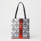 ZWARTE WITTE DAMASKSTROOM, RODE GEMSTONMONOGRAM TOTE BAG (Voorkant)