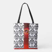 ZWARTE WITTE DAMASKSTROOM, RODE GEMSTONMONOGRAM TOTE BAG (Achterkant)