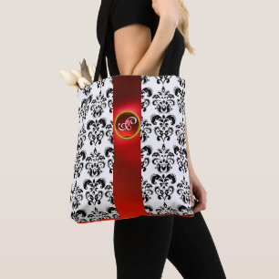ZWARTE WITTE DAMASKSTROOM, RODE GEMSTONMONOGRAM TOTE BAG