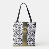 ZWARTE WITTE DAMASSE STROOM, GRAY GEMSTONE MONOGRA TOTE BAG (Achterkant)
