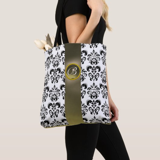 ZWARTE WITTE DAMASSE STROOM, GRAY GEMSTONE MONOGRA TOTE BAG (Dichtbij)