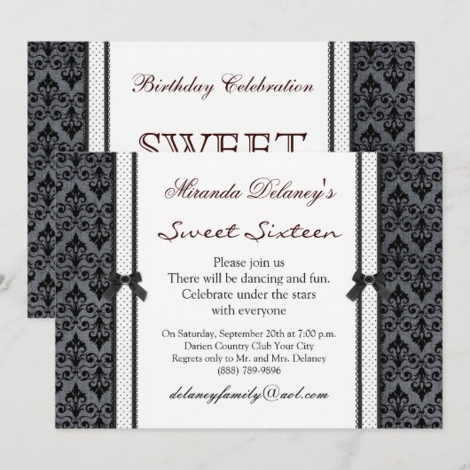 Zwarte witte damespolka punt Sweet 16 Uitnodiging (Voorkant / Achterkant)