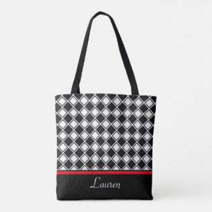 Zwarte, witte diamant geometrische vorm chic tote bag