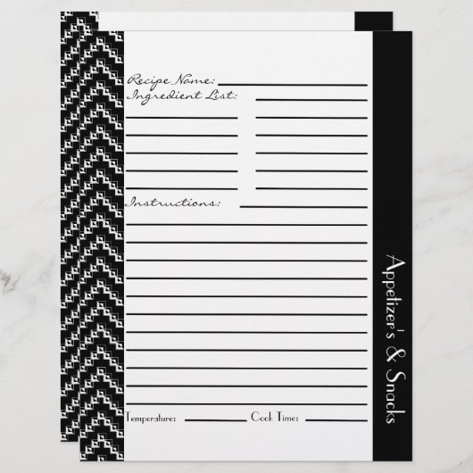 Zwarte witte diamant zigzag Chevrons Recipe Sheets (Voorkant / Achterkant)
