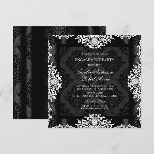 Zwarte & Witte Diamond Damask Engagement Party Kaart (Voorkant / Achterkant)