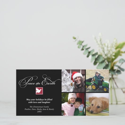 Zwarte witte duif vrede op aarde vakantie groet feestdagenkaart (Staand voorkant)