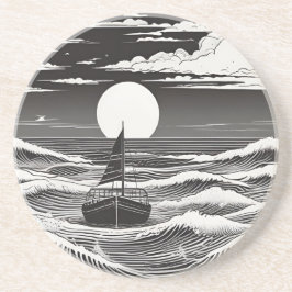 Zwarte Witte Eenzame Boot In Problemen Bij Zee Zandsteen Onderzetter