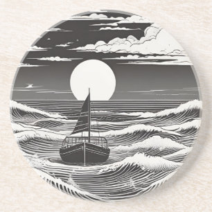 Zwarte Witte Eenzame Boot In Problemen Bij Zee Zandsteen Onderzetter