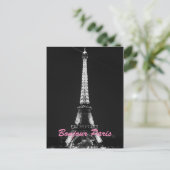 Zwarte witte Eiffeltoren Bonjour Paris Night Briefkaart (Staand voorkant)