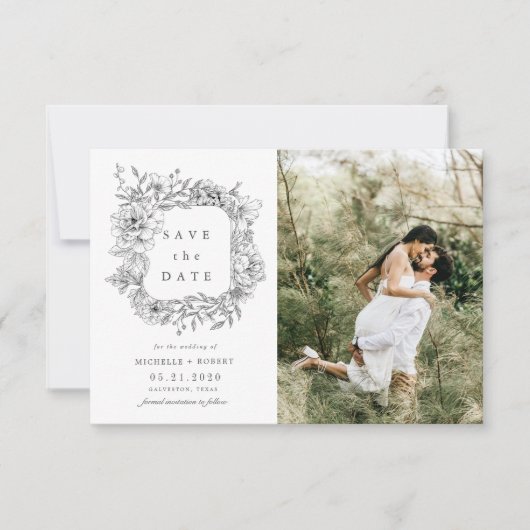zwarte witte elegant floral two Photo Save the Dat Kaart (Voorkant)